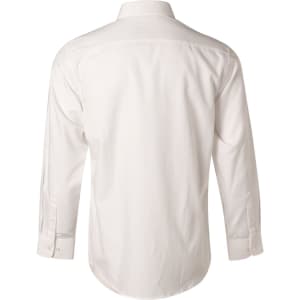 A white long sleeve button-up shirt featuring a mini herringbone pattern and a back yoke for structure.
