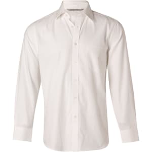 A white long sleeve button-up shirt with a mini herringbone pattern and a chest pocket. It features a logo on the collar.