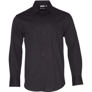 A black long sleeve button-up shirt with a dobby stripe pattern and a logo on the chest pocket.
