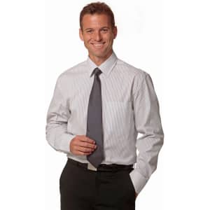 A men's long-sleeve button-up shirt in white with grey ticking stripes, worn with a grey tie. Features a pocket and a logo.