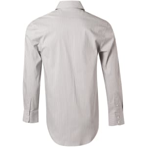 A long-sleeve button-up shirt featuring a grey and white ticking stripe pattern, with a classic collar and a branded label.