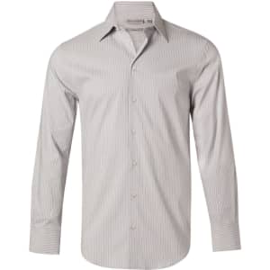 A long-sleeve men's button-up shirt featuring a light grey and white ticking stripe pattern. The shirt has a pocket and a collar.