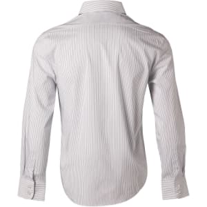 A button-up shirt with a men's long sleeve design in a white and navy ticking stripe pattern, featuring a logo.