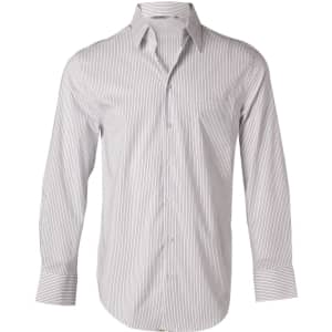 A men's long-sleeve button-up shirt with a ticking stripe pattern in white and light grey. Features a pocket and collar.