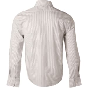 A men's long-sleeve button-up shirt with a grey and white ticking stripe pattern and a logo on the back.
