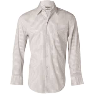 A men's long-sleeve button-up shirt in white with thin grey ticking stripes. Features a chest pocket and a logo.