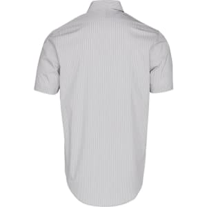 A men's short-sleeve button-up shirt in light grey with a subtle ticking stripe pattern and collar.