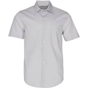 A short-sleeved, button-up shirt featuring a grey and white ticking stripe pattern. It has a logo on the chest.