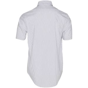 A men's short-sleeve button-up shirt in white with navy ticking stripes, featuring a standard collar and a logo.