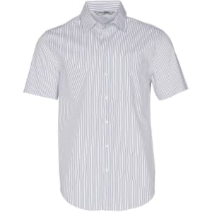 A short-sleeved button-up shirt featuring a blue and white ticking stripe pattern. Includes a small logo on the chest.