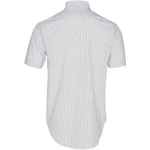 A short-sleeved button-up shirt featuring a ticking stripe pattern in white and green, displayed from the back.