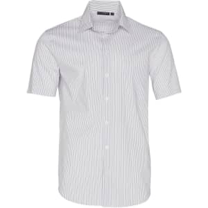 A short-sleeved button-up shirt with a grey and white ticking stripe pattern. Features a collar and a logo.