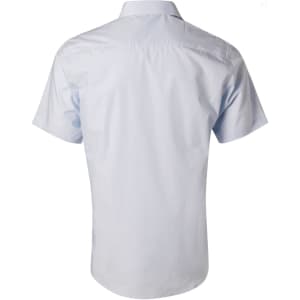 A short-sleeve, button-up shirt with fine stripes, in a light blue colour, featuring a logo on the back.