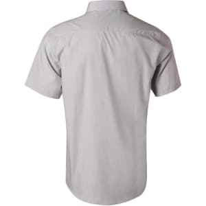A grey short-sleeve button-up shirt with fine stripes and a logo on the back.