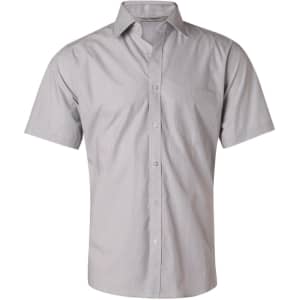 A short-sleeved men's button-up shirt in fine grey stripes with a single chest pocket and a logo on the collar.