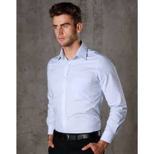 A light blue men's fine stripe long sleeve button-up shirt with a chest pocket and a branding logo.