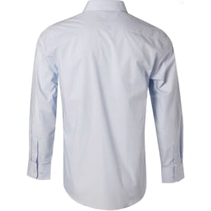 A light blue long sleeve button-up shirt with fine stripes and a back view, featuring a logo on the label.