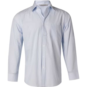 A light blue long sleeve button-up shirt with fine stripes and a single chest pocket, featuring a small logo.