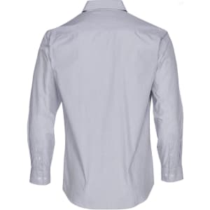A grey and white striped long sleeve button-up shirt featuring a classic collar and a branding logo.