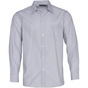 A men's long sleeve button-up shirt featuring fine stripes in light grey and white, with a chest pocket and logo.