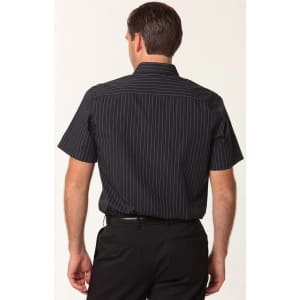 A short sleeve men's button-up shirt in black featuring a pinstripe pattern, with a collar and a logo.