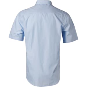 A light blue men's pin stripe short sleeve button-up shirt with a back view, featuring a collar and a logo.