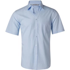 A light blue men's short sleeve button-up shirt with pin stripes and a chest pocket. It features a logo on the label.