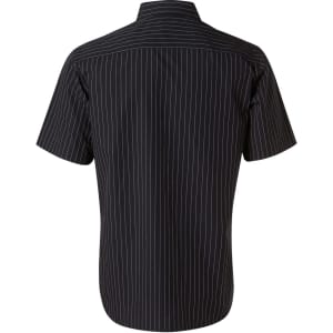 A short-sleeve men's button-up shirt in black with white pin stripes, featuring a collar and a branded logo.