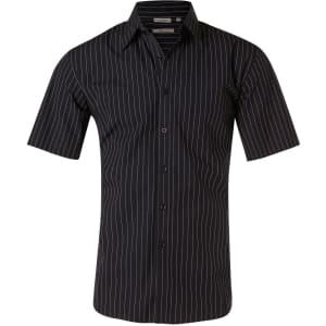 A black short sleeve button-up shirt with white pinstripes and a logo on the chest.
