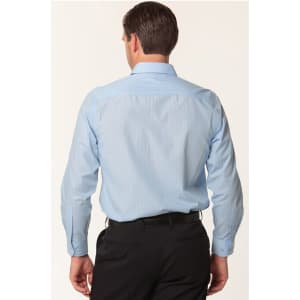 A men's long sleeve shirt in light blue with a pin stripe pattern, featuring a back view and a collar.