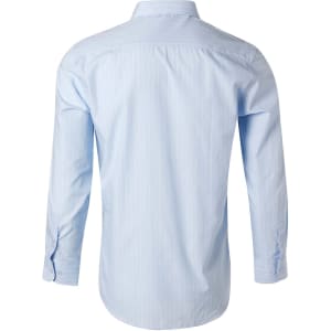 Men's long sleeve button-up shirt in light blue with pin stripes, featuring a collar and button cuffs.