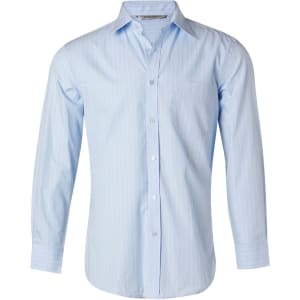 A light blue long sleeve button-up shirt with pin stripes and a chest pocket. It features a logo on the collar.