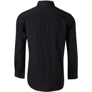 A black long sleeve shirt with white pin stripes and a back view, featuring a logo on the collar.