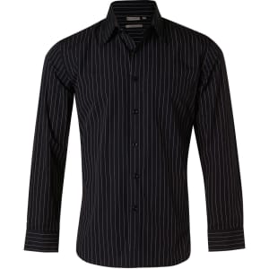 A men's long sleeve button-up shirt in black with white pinstripes, featuring a chest pocket and a logo.
