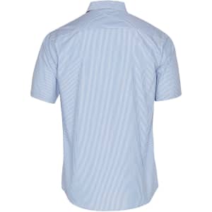 A blue and white striped men's short sleeve button-up shirt with a back view. Features a collar and a branding logo.