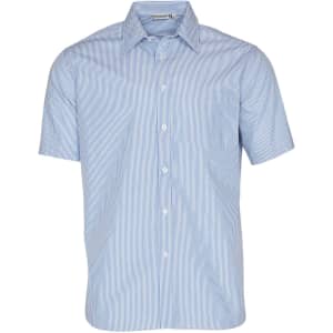Men's short sleeve button-up shirt in blue and white stripes, featuring a chest pocket and a collar.