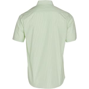 A light green short sleeve button-up shirt with a vertical stripe pattern and a logo on the back.