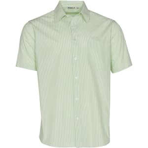 A green striped button-up shirt with short sleeves and a single chest pocket. Features a logo.