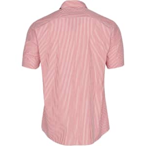 A men's short sleeve button-up shirt featuring a red and white vertical stripe pattern and a logo on the back.