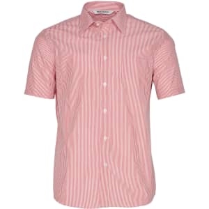 Men's short sleeve button-up shirt featuring white and red vertical stripes and a chest pocket.