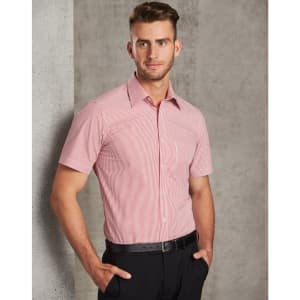 Men's short sleeve button-up shirt in red and white stripes, featuring a chest pocket and a logo.