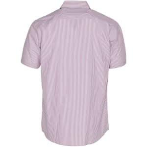 A short-sleeve button-up shirt featuring a vertical stripe pattern in shades of red and white. It has a collar and a logo.