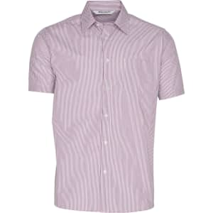 A button-up shirt with short sleeves featuring red and white stripes, complete with a pocket and a logo.