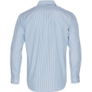 A long sleeve button-up shirt featuring a blue and white stripe pattern, with a collar and cuff buttons.