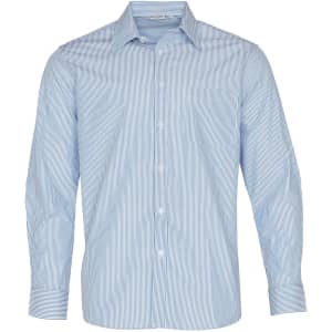 A light blue long sleeve button-up shirt featuring vertical stripes and a logo.