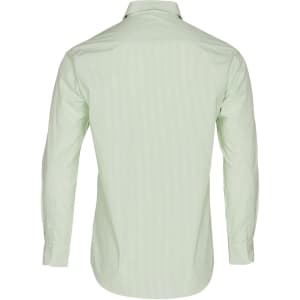 A long sleeve button-up shirt in light green with a striped pattern and a logo on the back.