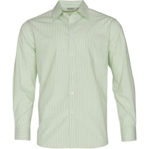 A long sleeve button-up shirt in light green with a subtle stripe pattern and a chest pocket, featuring a logo.