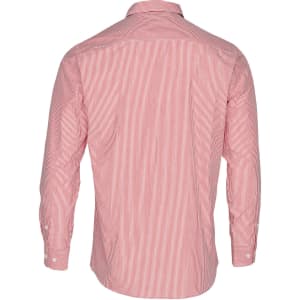A men's long sleeve button-up shirt featuring red and white stripes and a back view. It has a logo on it.