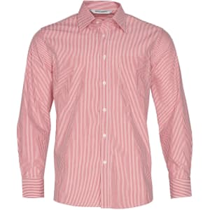 A long sleeve button-up shirt featuring red and white stripes, with a collar and button closure, and a logo on the label.