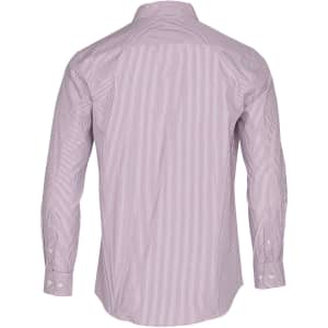 A long sleeve men's shirt in red and white stripes, featuring a classic button-up design and a collar.
